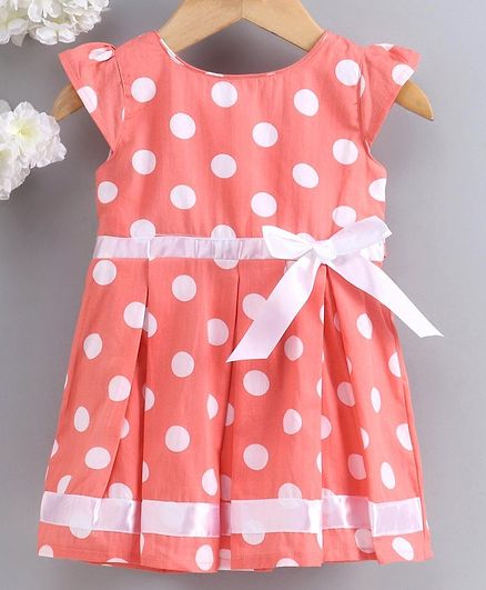 Babyhug Cap Sleeves Pleated Frock Bow Applique - Coral