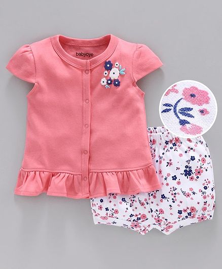 Babyoye Cap Sleeves Cotton Top & Shorts Floral Print - Pink White