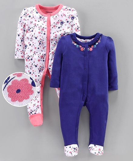 Babyoye Cotton Full Sleeves Footed Sleep Suit Pack of 2 - Blue White
