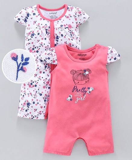 Babyoye Short Sleeves Romper Floral Print Pack of 2 - White Pink