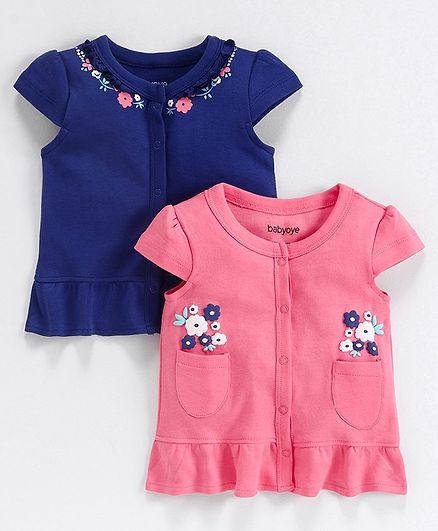 Babyoye Cotton Cap Sleeves Jhabla Vest Floral Print Pack of 2 - Pink Blue