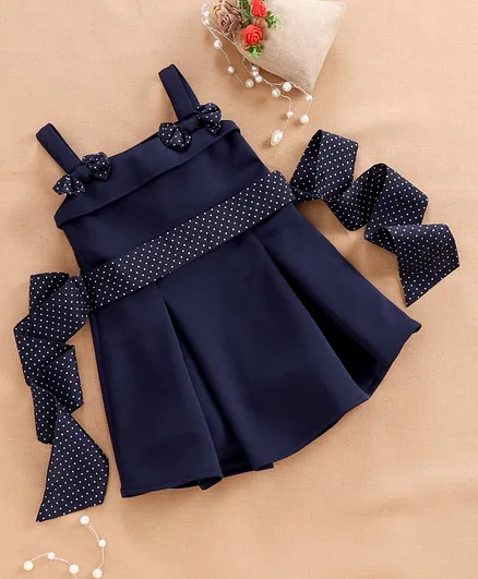 Babyhug Sleeveless Frock with Bow Applique - Navy