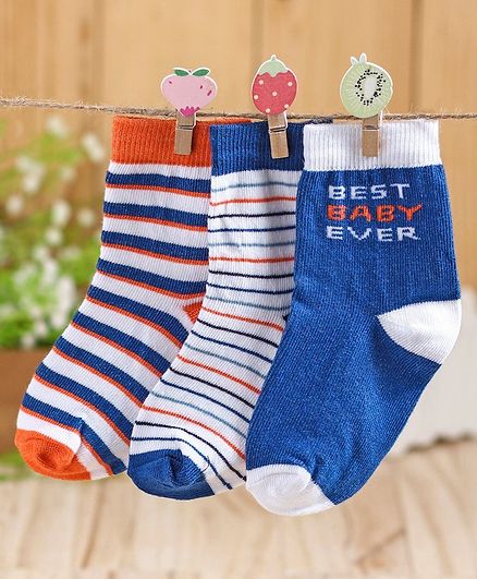 Cute Walk by Babyhug Antibacterial Ankle Length Socks Multi Print Set of 3 - Blue White Orange