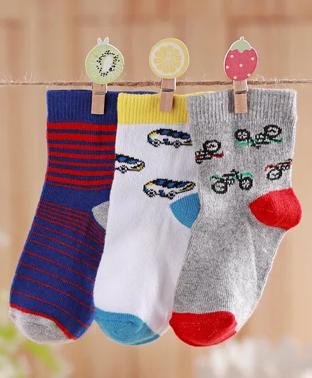 Cute Walk by Babyhug Antibacterial Ankle Length Socks Multi Print Set of 3 - Blue Grey White