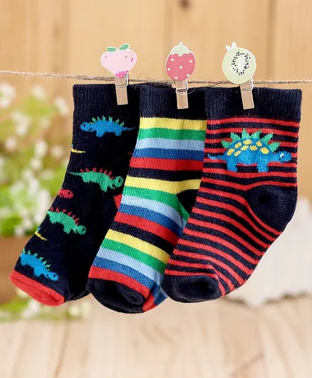 Cute Walk by Babyhug Antibacterial Ankle Length Socks Multi Print Set of 3 - Blue Red