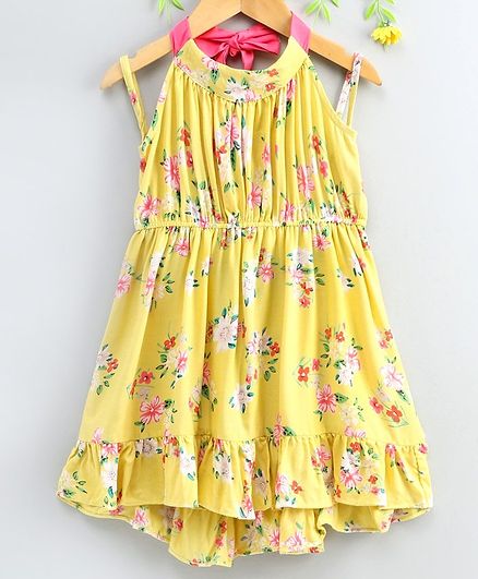 Pspeaches Sleeveless Flower Printed Halter Neck Dress - Yellow