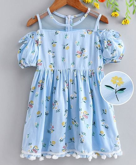 Pspeaches Half Sleeves Flower Print Mesh Yoke Dress - Light Blue