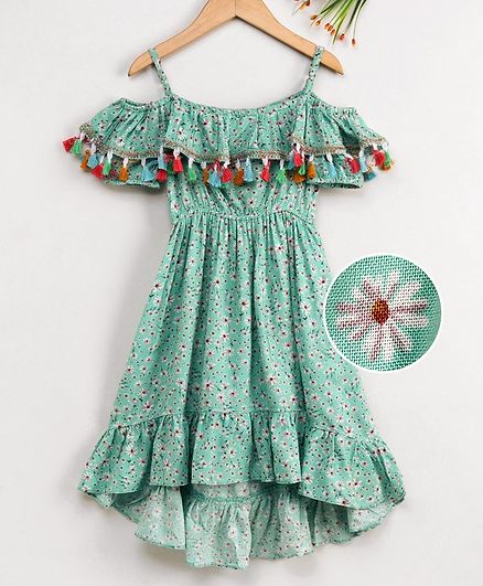 Pspeaches Half Sleeves Flower Print Tassel Detailed Cold Shoulder Dress - Green