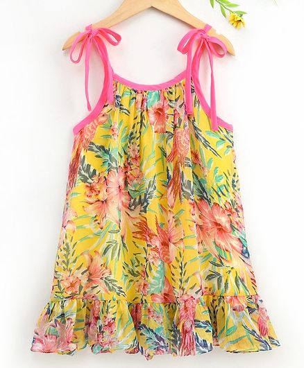 Pspeaches Gulmohar Flower Printed Sleeveless Dress - Yellow