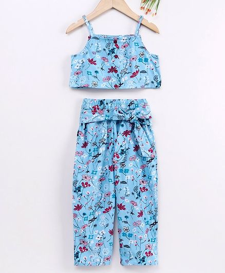 Pspeaches Sleeveless Flower Print Crop Top With Bottoms - Sky Blue