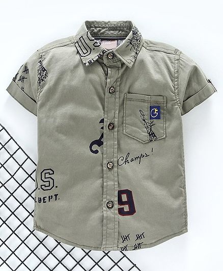 Little Kangaroos Half Sleeves Shirt Multi Print - Olive Green