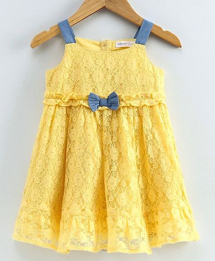 Babyoye Cotton Singlet Frock Floral Lace Overlay - Yellow