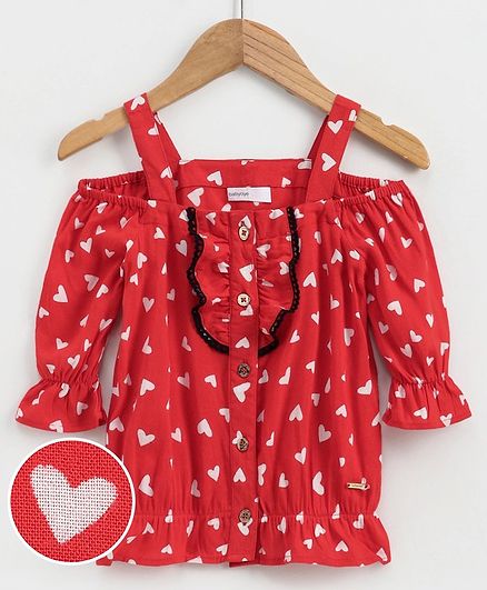 Babyoye Cold Shoulder Cotton Top Heart Print - Red