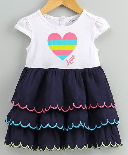 Babyoye Cotton Cap Sleeves Frock Heart Print - White Blue