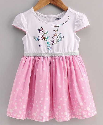 Babyoye Cotton Cap Sleeves Frock Butterfly Print - White Pink