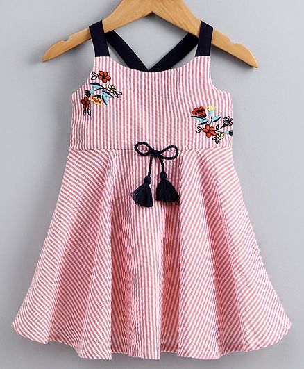 Babyoye Cotton Sleeveless Frock Floral Embroidery - Pink White