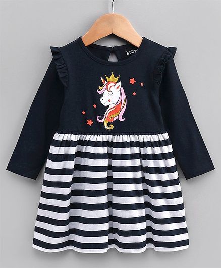 Babyoye Full Sleeves Cotton Dress Unicorn Print - Navy