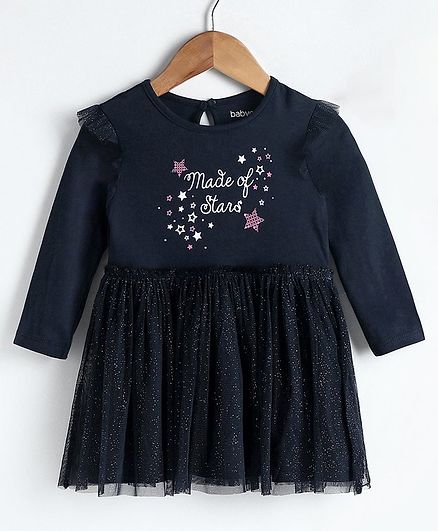 Babyoye Full Sleeves Ruffled Frock with Shimmer Star Print - Navy Blue