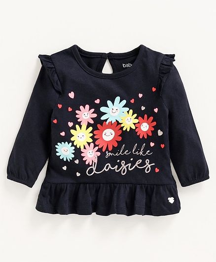 Babyoye Cotton Full Sleeves Top Floral Print - Navy Blue