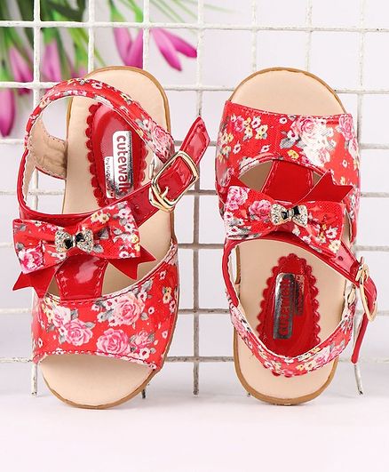 Cute Walk by Babyhug Party Wear Sandals Bow Applique - Red