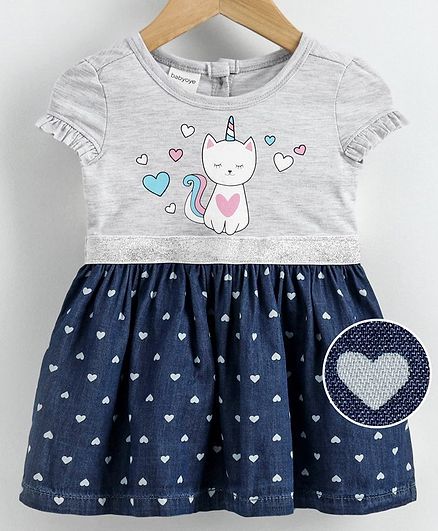 Babyoye Cotton Short Sleeves Frock Heart Print - Navy Grey