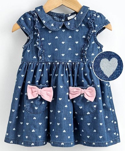 Babyoye Cap Sleeves Denim Frock Heart Print - Blue