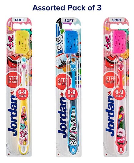 Jordan Step by Step Toothbrushes With Travel Cap - Pack of 3 (Colour May Vary)