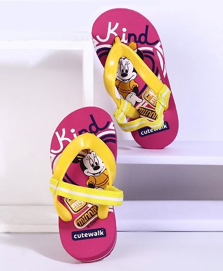 Cute Walk by Babyhug Flip Flops with Back Strap Minnie Mouse Print - Pink Yellow