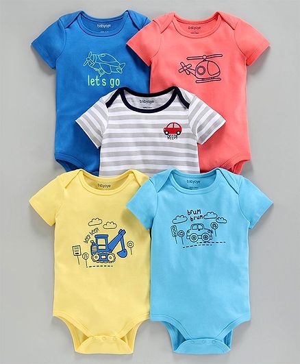 Babyoye Half Sleeves Onsies Vehicle Print Pack of 5 - Blue Red Yellow