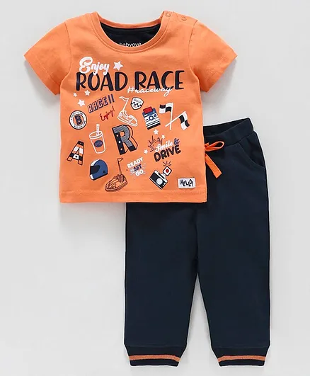 Babyoye Cotton Half Sleeves Road Race Print T-shirt & Bottom Set - Orange & Navy