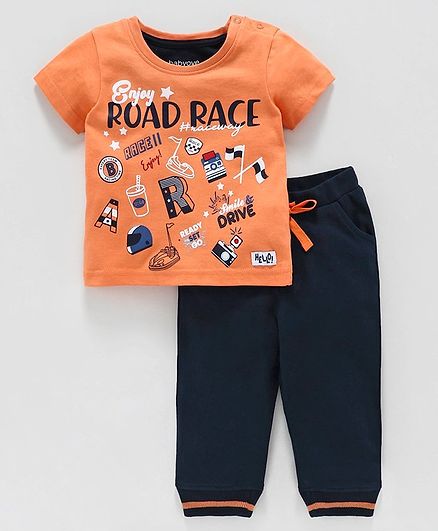 Babyoye Cotton Half Sleeves Road Race Print T-shirt & Bottom Set - Orange & Navy