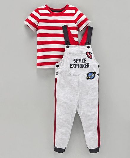 Babyoye Dungarees with Striped Half Sleeves Inner Tee Space Badge - Red Grey