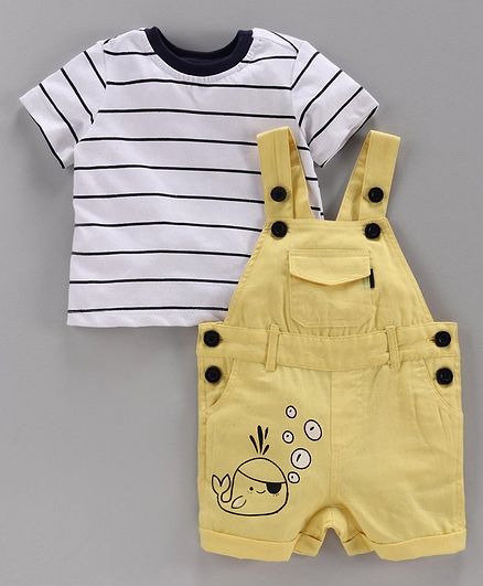 Babyoye Dungarees with Striped Half Sleeves Inner Tee Shark Print - White Yellow