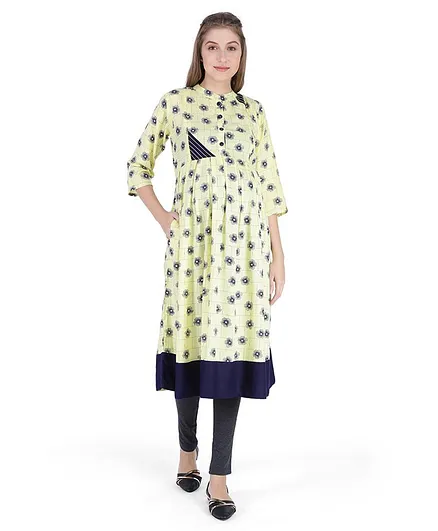 MomToBe Floral Print Three Fourth Sleeves Maternity & Feeding Kurti - Yellow