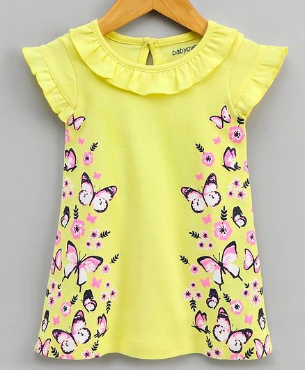 Babyoye Cotton Short Sleeves Frock Butterfly Print - Yellow