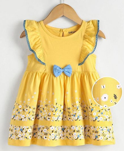 Babyoye Short Sleeves Cotton Lycra Frock Floral Print - Yellow