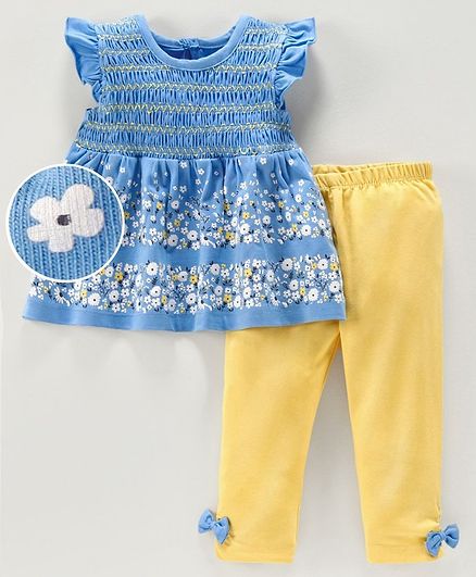 Babyoye Cotton Flutter Sleeves Top Legging Floral Print - Blue Yellow