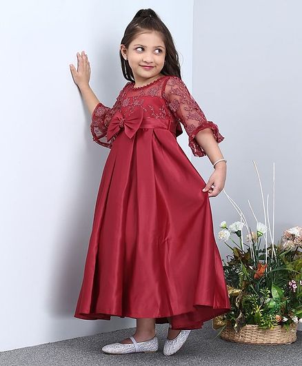 Mark & Mia Three Fourth Sleeves Dress Floral Embroidery - Maroon