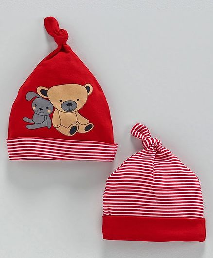 Babyhug 100% Cotton Printed & Striped Cap Pack of 2 Red - Diameter 9.5 cm