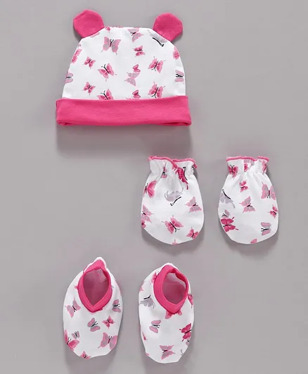 Babyhug 100% Cotton Cap Mittens & Booties Set Butterfly Print - Pink