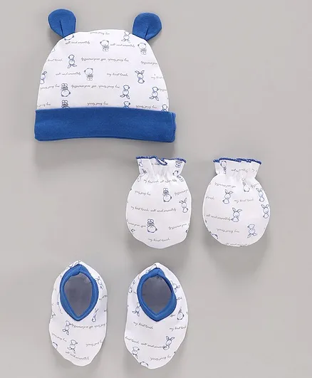 Babyhug 100% Cotton Cap Mittens & Booties Set Animal Print Blue White - Diameter 10.5 cm