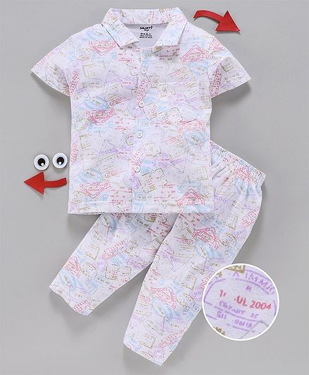 Smarty Half Sleeves Night Suit Stamp Print - Cream