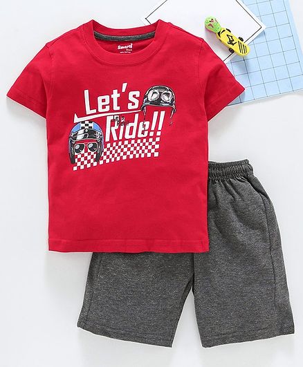 Smarty 100% Cotton Half Sleeves Tee & Shorts Let's Ride Print - Red Grey