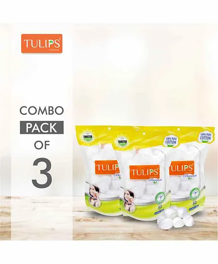 Tulips Premium White Cotton Balls Pack of 3 - 50 Pieces Each