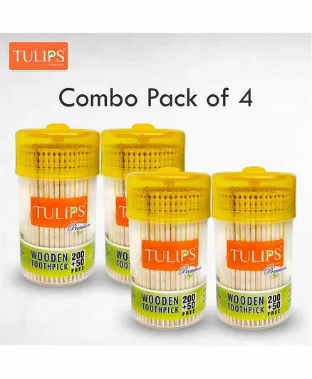 Tulips Premium Toothpicks with Wooden Jar Pack Of 4 - 250 Pieces Each