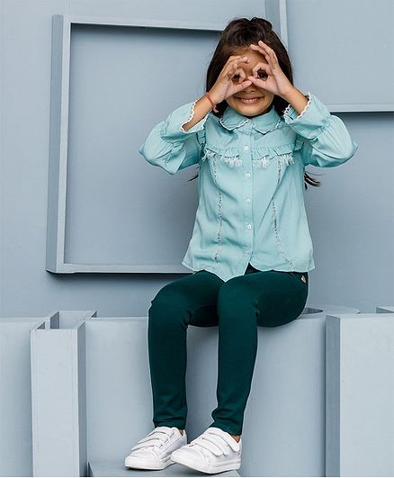 One Friday Full Sleeves Ruffle Detail Button Down Top - Blue