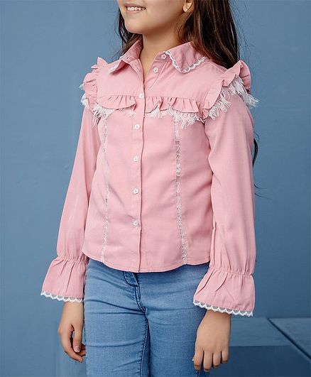 One Friday Full Sleeves Ruffle Detail Button Down Top - Pink