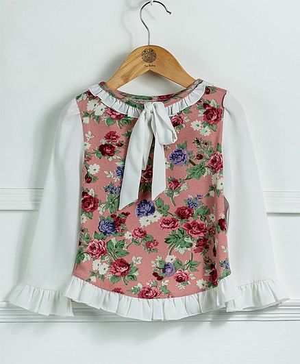 One Friday Full Sleeves Floral Print Front Knot Detail Top - Pink
