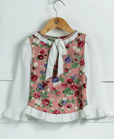 One Friday Full Sleeves Floral Print Front Knot Detail Top - Pink