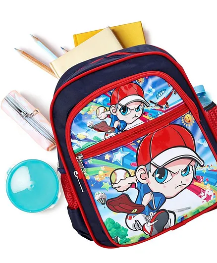 School Bag Boy Print Navy Blue Red - 12 Inches